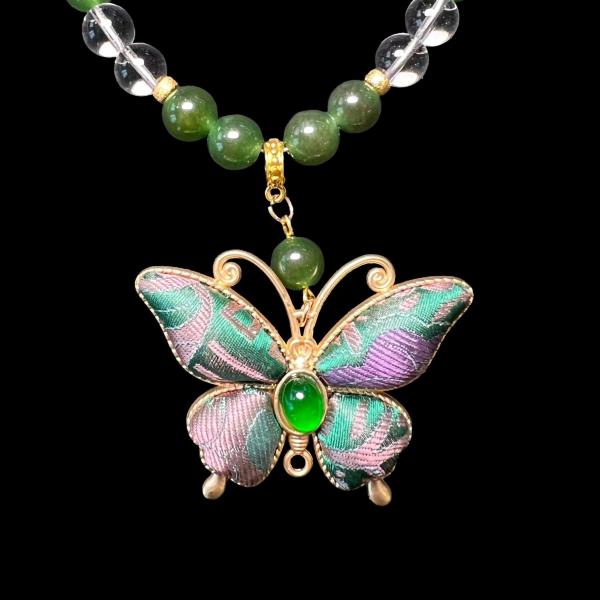 Handmade Jade & Clear Quartz Silk Brocade Butterfly Pendant Necklace